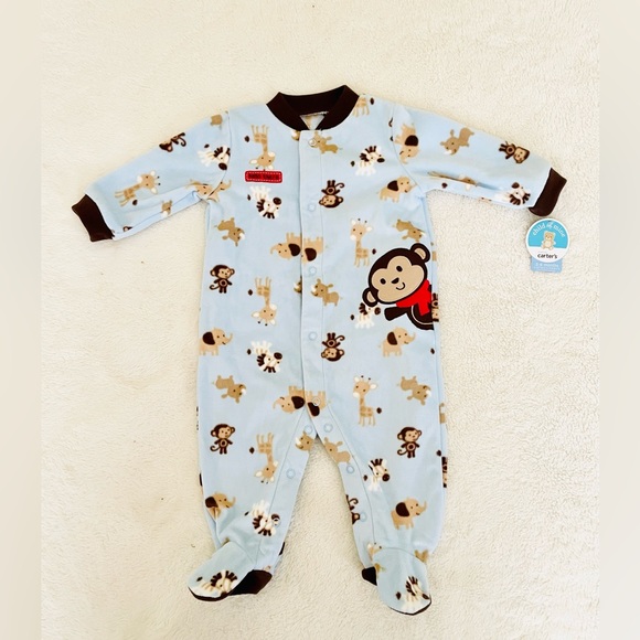 NEW Carters Child of Mine Sleepers 3-6 Month Unisex Monkey & Lion Fleece - Picture 3 of 4